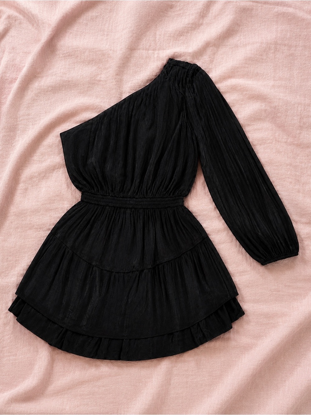 Steve Madden- One-Shoulder Black Tiered Mini Dress